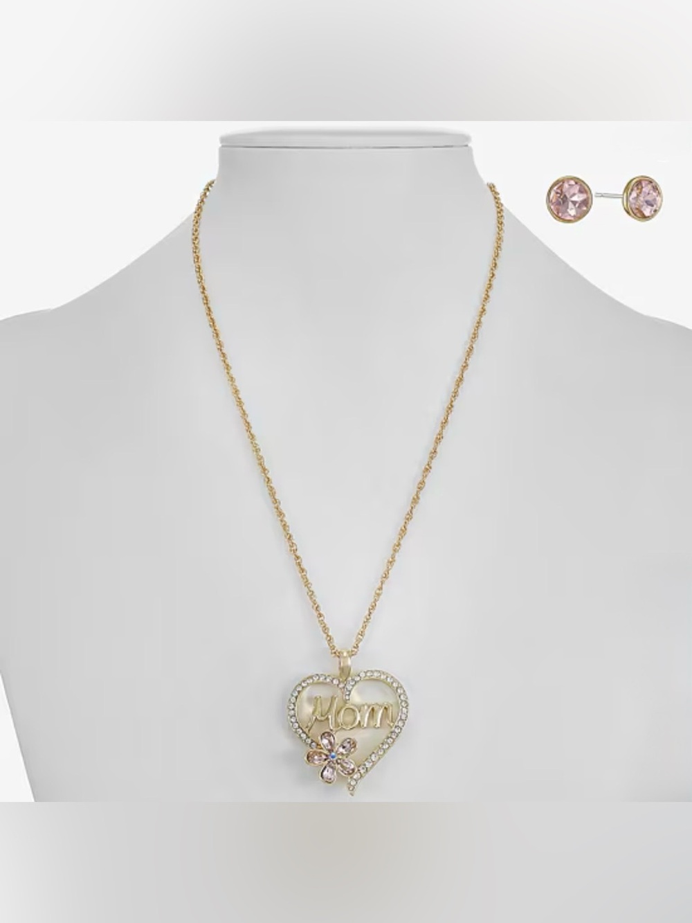 Monet Gold-Tone 'Mom' Heart Pendant Necklace and Pink Crystal Stud Earrings - Picture 6 of 8